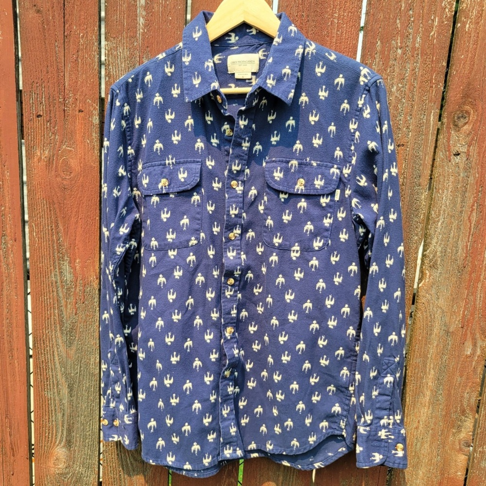 Obey Propaganda Mens S Blue White Bird Print Cotton Button Down Shirt Long SLV